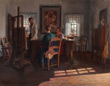 Interior with an artist at his easel by Hjalmar Matthiesen - Auction record, sale price, and art valuation. Compare with similar artists and explore comparable artworks.