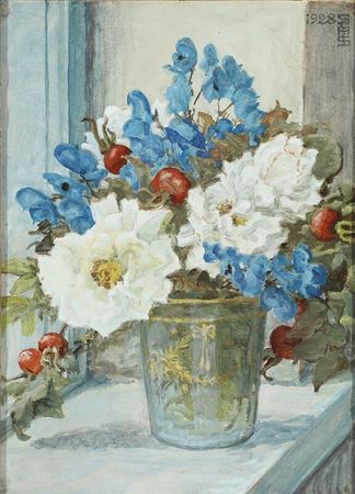 A bouquet of bule and white flowers and rosehips on a window sill. by Suzette Cathrine Holten Skovgaard - Auction record, sale price, and art valuation. Compare with similar artists and explore comparable artworks.