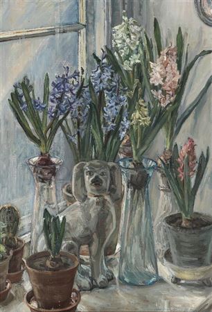 A window sill with hyacinths and a Stafforshire dog by Anna Maria Mehrn - Auction record, sale price, and art valuation. Compare with similar artists and explore comparable artworks.