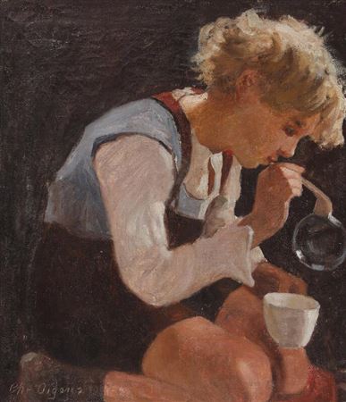 A boy blowing soap bubbles.