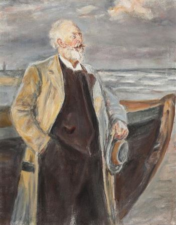 Holger Drachmann standing by a boat.