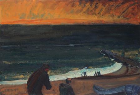 Coast scenery with people and a red sky