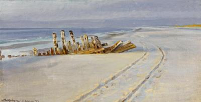 Shipwreck on Skagen Nordstrand. Deep wheel tracks in the sand. Bright summer weather.