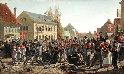 Episode in the suburb of Flensburg after the Battle of Bau April 9th 1848. The two officers on horseback are Schleppegrell and Helgesen