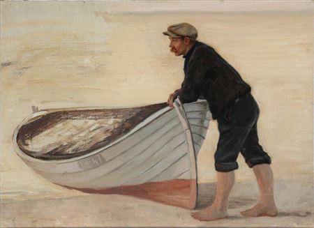 A fisherman standing by a drawn up dinghy at the beach