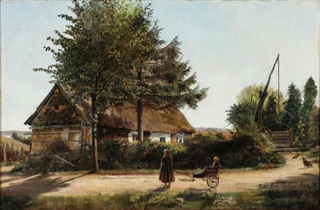 Danish scenery from Eskildstrup with playing children at a farmhouse