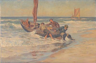 Skagen fishermen launch the dinghy