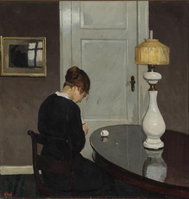 Interior with a woman seen from the back, sewing