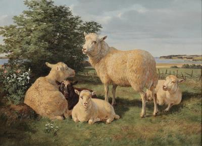 A summer landscape with a flock of resting sheep by Andreas Peter Madsen - Auction record, sale price, and art valuation. Compare with similar artists and explore comparable artworks.