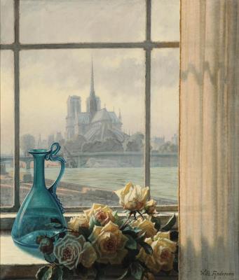 Roses and a glass jug on a window sill, with Notre Dame in the distance