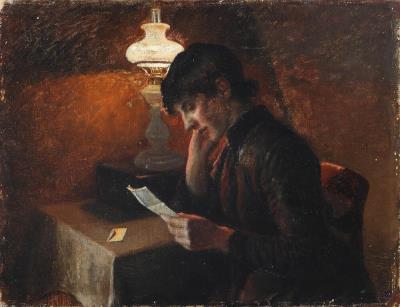 Interior with a woman reading a letter in the evening light