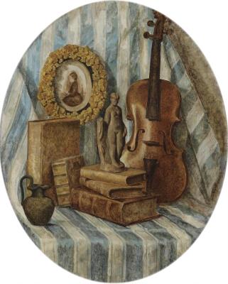 Still life with books and a violin