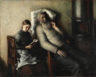 Interior with a girl reading to an old man