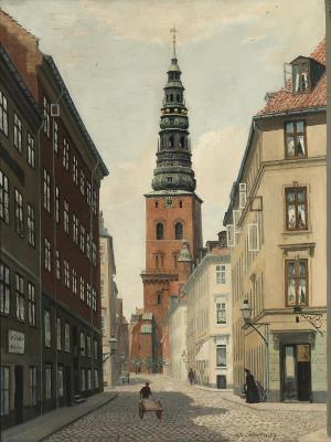 Streetview from Copenhagen with a view towards Sct. Nikolaj Church by Albert Petersen - Auction record, sale price, and art valuation. Compare with similar artists and explore comparable artworks.