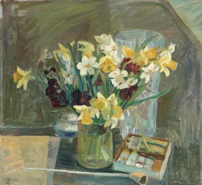 Still life with daffodills and a colour palette on a table by Elisabeth Neckelmann - Auction record, sale price, and art valuation. Compare with similar artists and explore comparable artworks.
