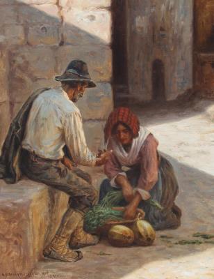 Street view from Anticoli with a man and a woman selling vegetables