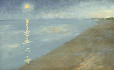 Skagen Beach. The moon is reflected in the sea. White clouds in the background
