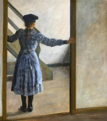 Interior with a girl standing in a doorway with her back turned