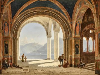 Forhallen til en Klosterkirke; Motivet fra et Kloster, beliggende ved Gardasøen.