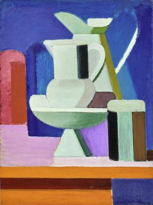 Opstilling. Hvid opsats med lille hvid kande oveni, høj hvid kande og en kantet høj æske. Blå baggrund (Still life. White centerpiece with small white jug on top, tall white jug and a tall square box. Blue background) by Vilhelm Lundstrom - Auction record, sale price, and art valuation. Compare with similar artists and explore comparable artworks.