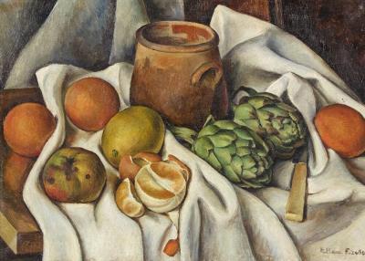 Still life with citrus fruits and artichokes