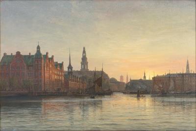 Evening view from the canals of Copenhagen towards Slotsholmen and Christiansborg, Copenhagen