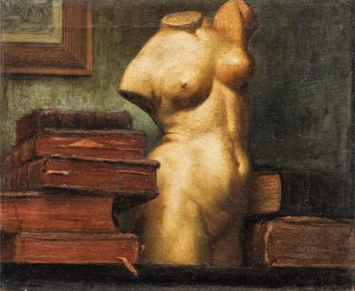 Still life with a sculpture and books