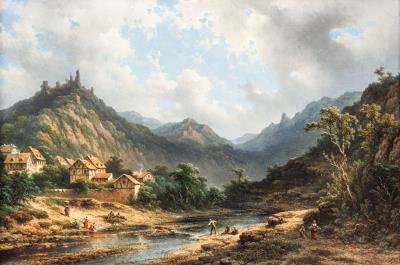Mountainous landscape with figures near the water