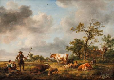 Shepherds with child and flock in front of village