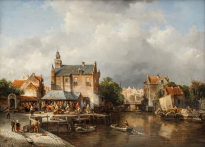 Dutch canal cityscape with market scene, 1860