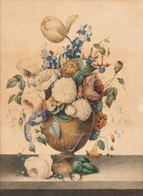 Flowers in vase on entablement