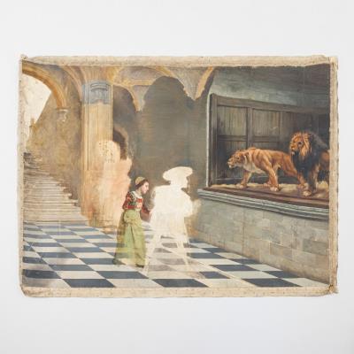 Interior with characters at lion's cage