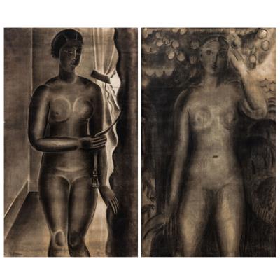 Standing nude under apple tree. Verso: standing nude near curtain.