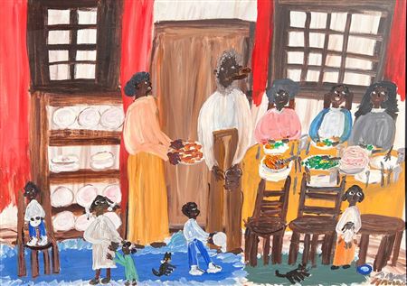 Naive Domestic Scene of an African-American Family Sitting Down to Dinner