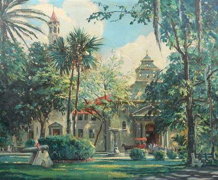 St. Augustine Scene with Cathedral Basilica by Emmett John Fritz - Auction record, sale price, and art valuation. Compare with similar artists and explore comparable artworks.
