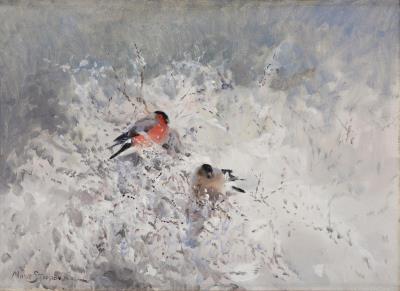 Bullfinches in a winter landscape