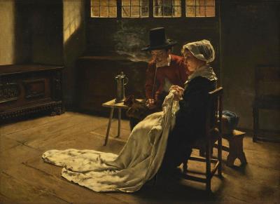 Handworking woman and man with a clay pipe