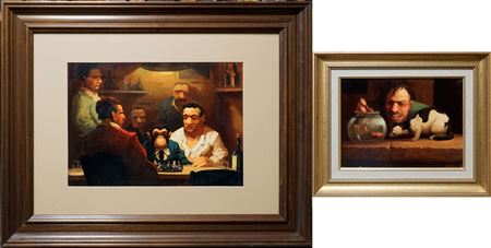 Two Genre Scenes:(i) 'Man Virus Monkey in Chess'. (ii) 'A Man, A Cat and 3 Goldfish'