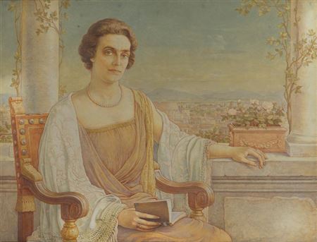 Portrait of a lady on a terrace overlooking the city of Rome