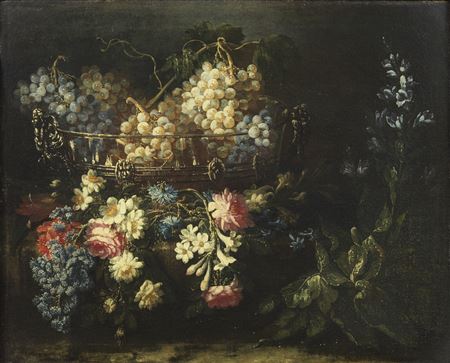 Still life with flowers and basket of grapes
