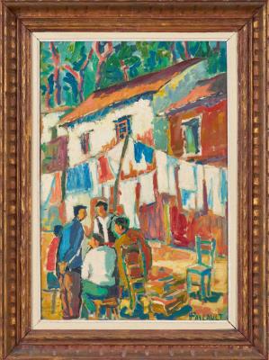Discussion under the drying linen by Henri Pascault - Auction record, sale price, and art valuation. Compare with similar artists and explore comparable artworks.