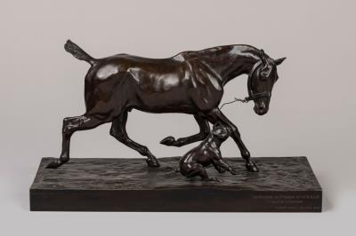 Horse bothered by a bulldog by Auguste Vimar - Auction record, sale price, and art valuation. Compare with similar artists and explore comparable artworks.