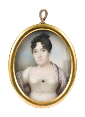 Portrait miniature of a lady in a white dress with pink and blue shawl