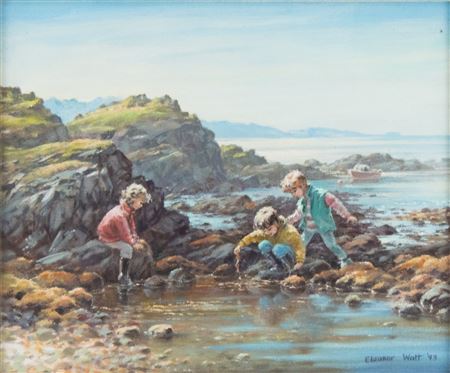 Three children at a Coastal rock pool by Eleanor Watt - Auction record, sale price, and art valuation. Compare with similar artists and explore comparable artworks.