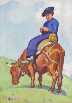Valaisanne knitting on a cow