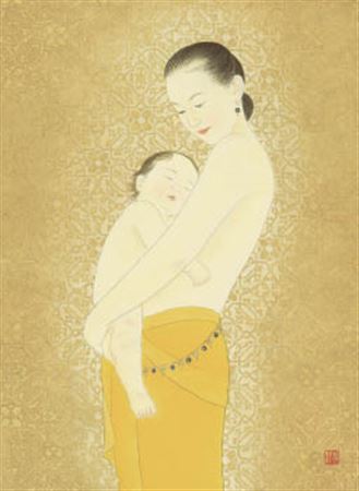 Mother and child, under light