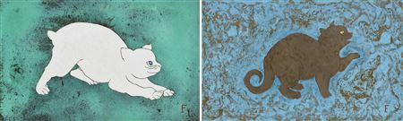 White Cat; & Kitten, blue and gold background