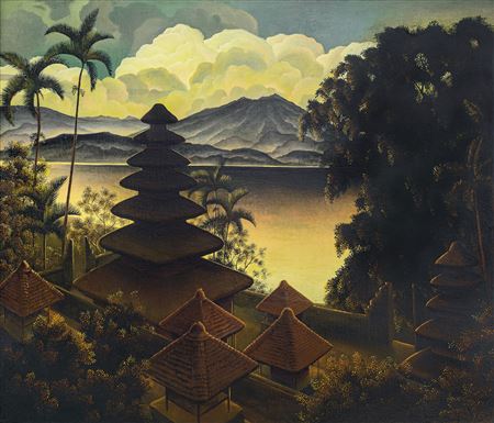 Pagodenlandschaft (Landscape with a Pagoda by a Lake) by Walter Spies - Auction record, sale price, and art valuation. Compare with similar artists and explore comparable artworks.