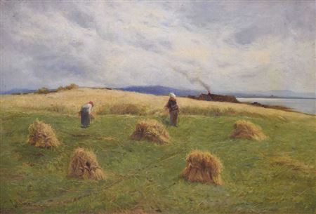 Harvest scene with figures and corn stooks before a waterside cottage by George W Aikman - Auction record, sale price, and art valuation. Compare with similar artists and explore comparable artworks.