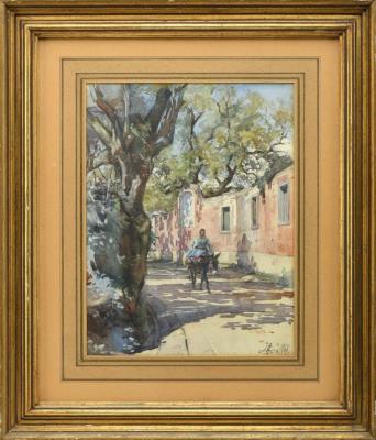 A woman riding a donkey near houses